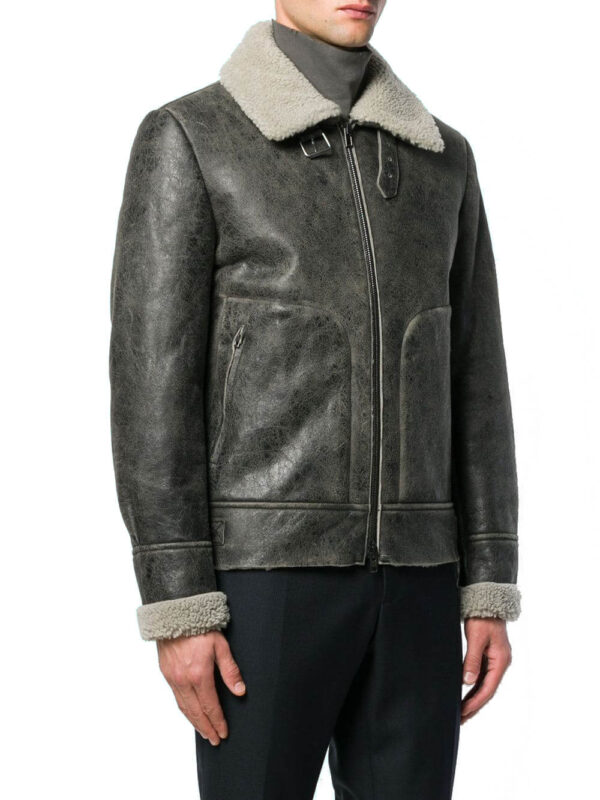 Grey Belt Shearling Leather Jacket