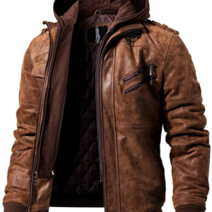 Vintage Men's Brown Leather Motorcycle Jacket with Removable Hood 1 / Leather Factory Shop / LFS