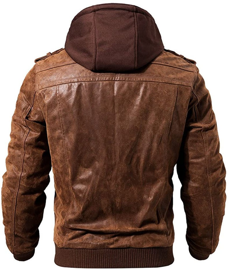 Vintage Mens Brown Leather Motorcycle Jacket with Removable Hood