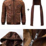 Vintage Men's Brown Leather Motorcycle Jacket with Removable Hood 5 / Leather Factory Shop / LFS