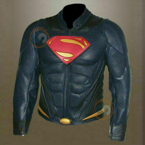 New Men's Superman Man Of Steel Perforated Blue Movie Costume Leather  Jacket-440