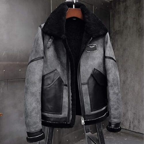Leather Bomber Jacket Cropped Fit Gray